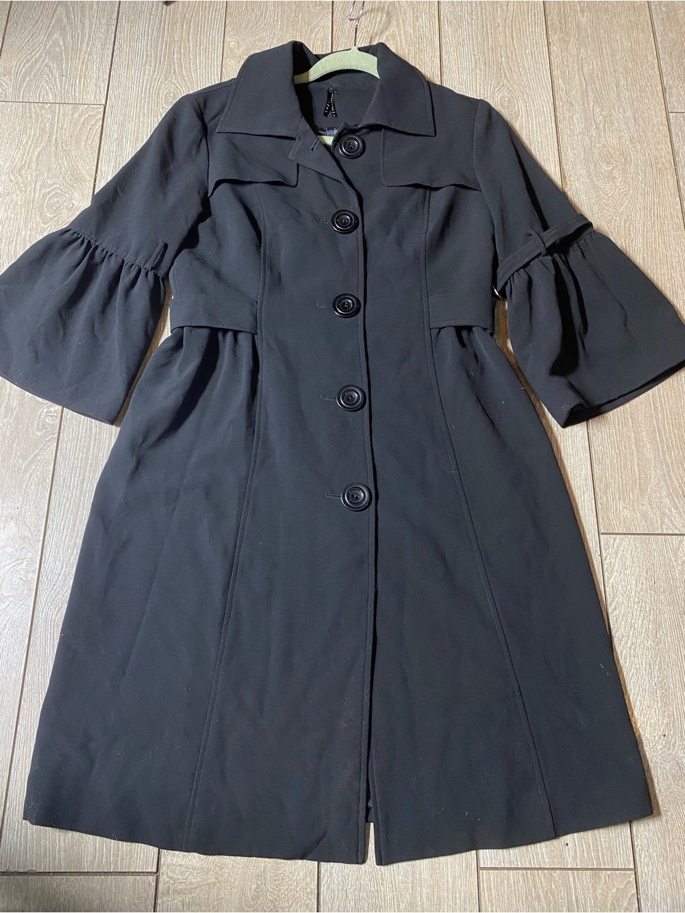 Lapis Black Bell Sleeve Trench Dress Coat Jacket Flared Flounce Cuff Sz Small